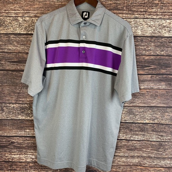 FootJoy FJ‎ Mens Golf Gray Purple Striped Polo Short Sleeve Shirt Size Large - Picture 1 of 6